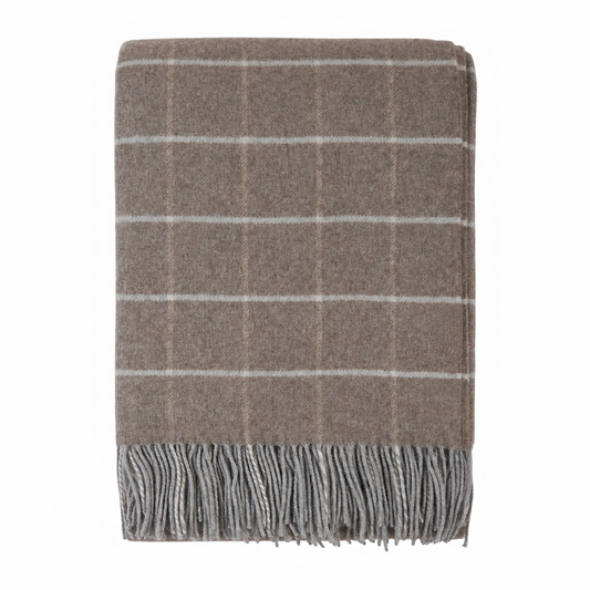 Koc z kaszmirem i wełną Merino Superfine – taupe w kratę, 140 × 200 cm