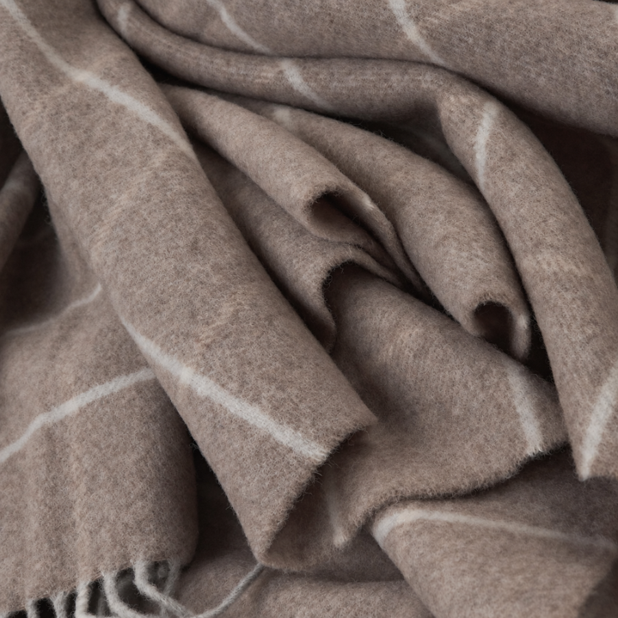 Koc z kaszmirem i wełną Merino Superfine – taupe w kratę, 140 × 200 cm
