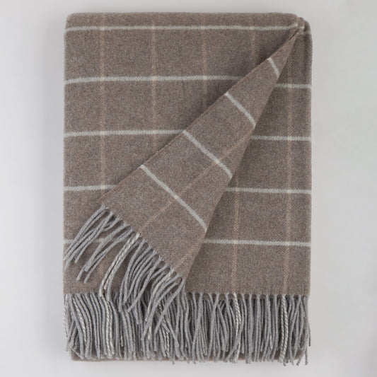 Koc z kaszmirem i wełną Merino Superfine – taupe w kratę, 140 × 200 cm